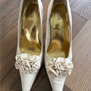 Valenti Franco Cream Satin Pointed-Toe Pumps with Rosette Embellishments